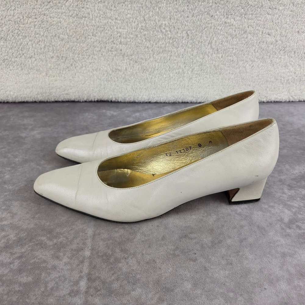 Timothy Hitsman Vintage White Leather Kitten Heel Pumps Almond Toe Dress Shoes